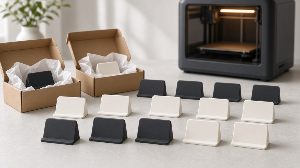 AI-generated mockup of a bulk batch of custom 3D-printed stands