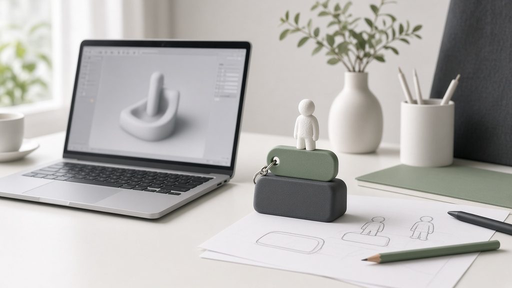 AI-generated mockup of a custom multicolor print on a 3D printer beside a laptop