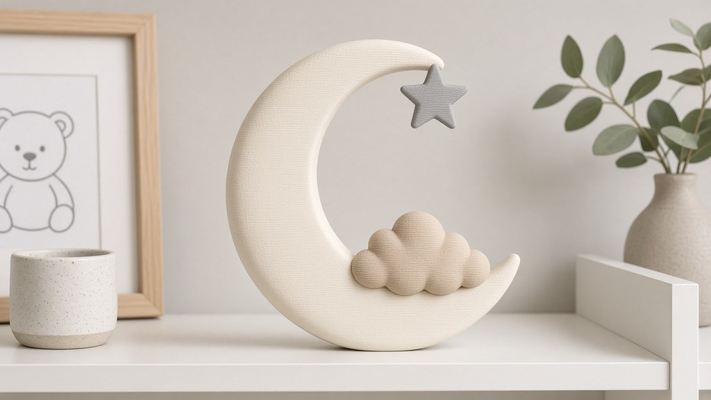 AI-generated concept image: baby name sign with a moon, star and cloud in neutral tones