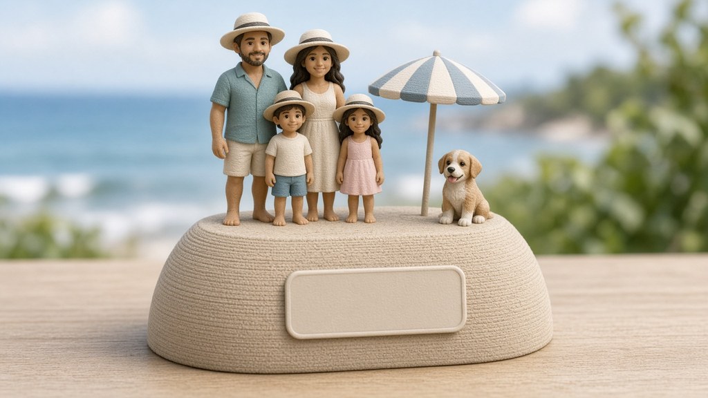AI-generated mockup of family figures on a beach scene base