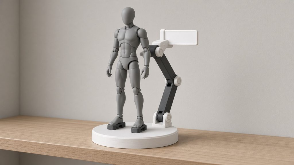 AI-generated mockup of an adjustable display stand with nameplate