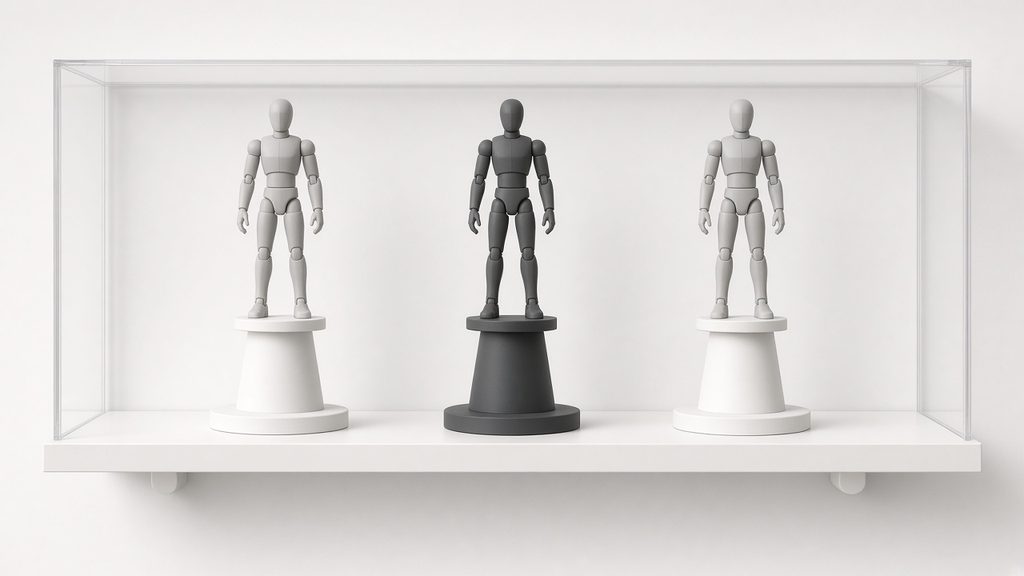 AI-generated mockup of stands with generic figures in a lit display case