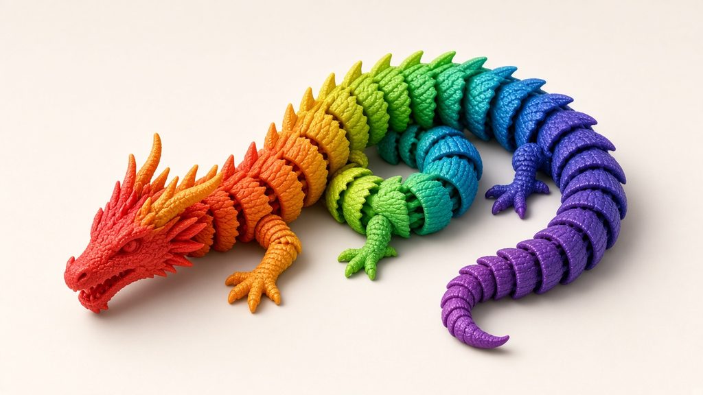 AI-generated mockup of rainbow articulated flexi dragons