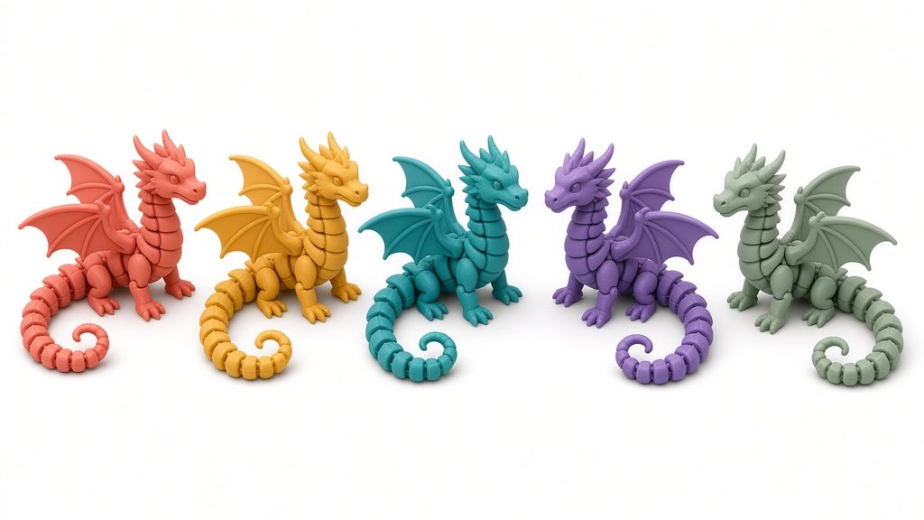 AI-generated mockup of a five-piece flexi animal set on a shelf