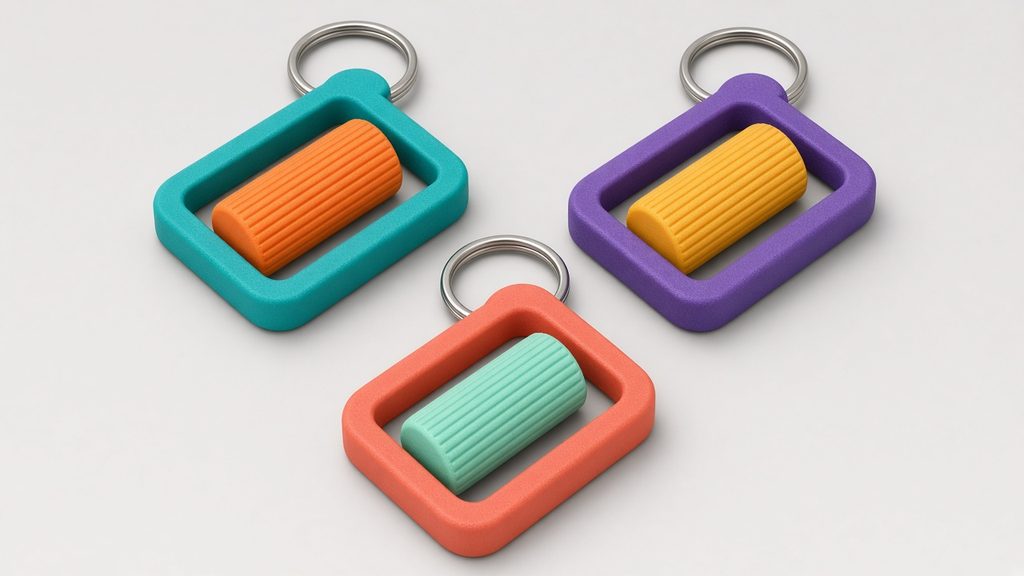 AI-generated mockup of a two-tone magnetic slider fidget keychain
